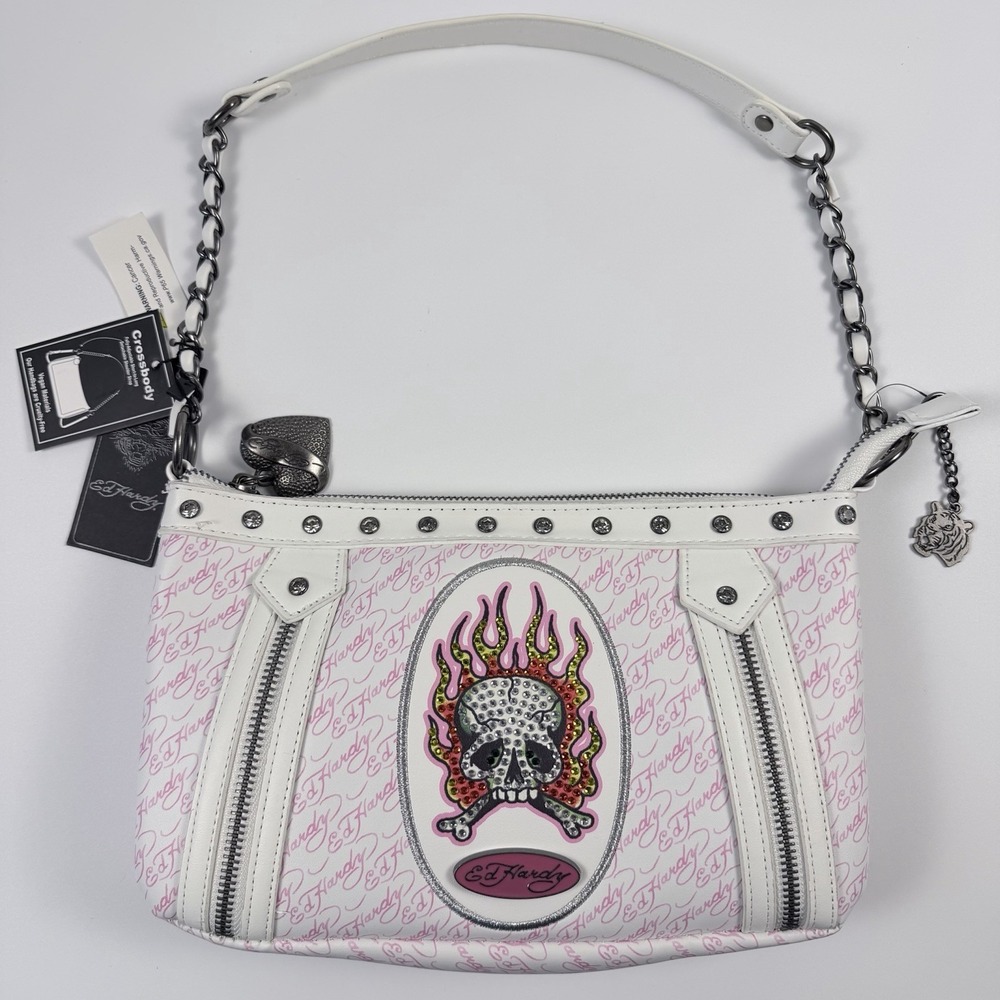 Ed Hardy White Pink‎ Skull Flame Shoulder Bag Rhinestone Y2K Tattoo NWT NoStrap
